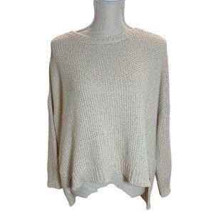 EILEEN FISHER Cotton Linen Blend 3/4 Length Sleeve Open Knit Sweater Pullover LG